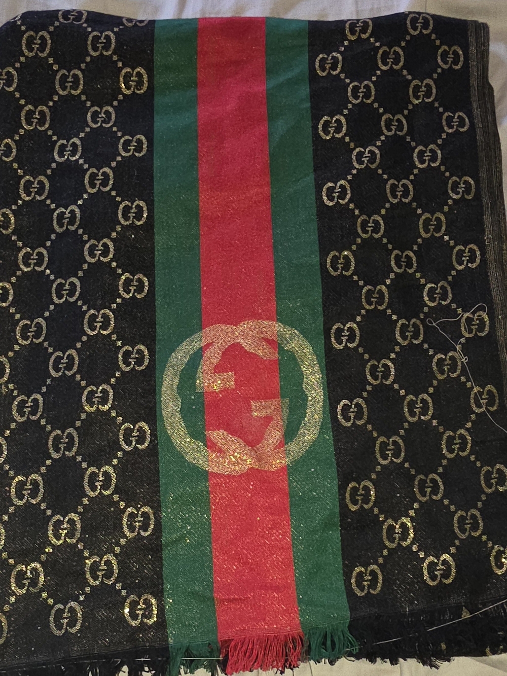 Preloved Luxury Monogram Scarf with Red and Green Stripe - Picture 2 of 5
